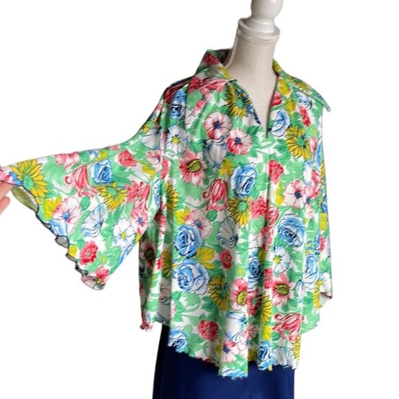 Vintage 60s Peggy Lou Large Print Floral Flutter Sleeve Blouse Top - Picture 1 of 14